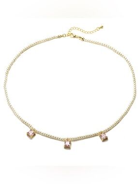 Gold Pearl Choker with Pink Crystal Pendant Trio